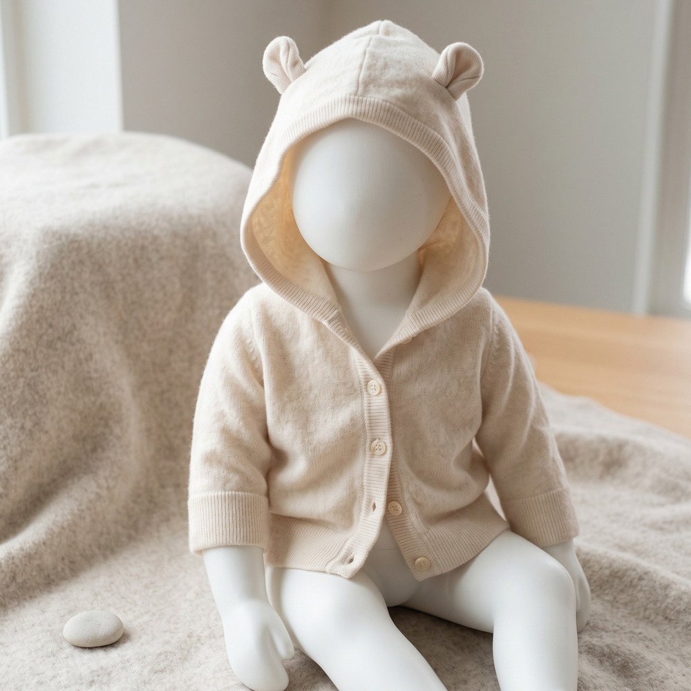 Quince Kids Sweater 3-6M Cream Cashmere Bear Ear Hooded Cardigan Elbow Patch